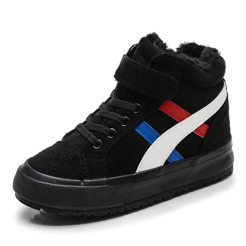 Boys Winter Boots Fashion Kids Sports Shoes Plush Warm Girl Sneakers Ankle Children Martin Boots Flock Leather Waterproof Boot - Цвет: Black