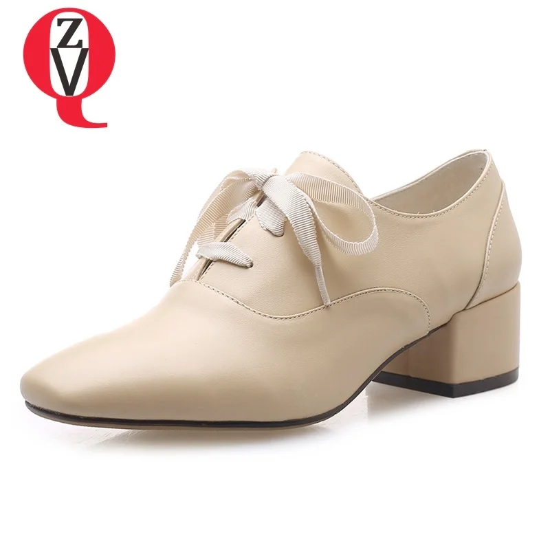 

ZVQ shoes women 2019 spring new high quaity genuine leather square toe women pumps cross-tied med square heel plus size shoes