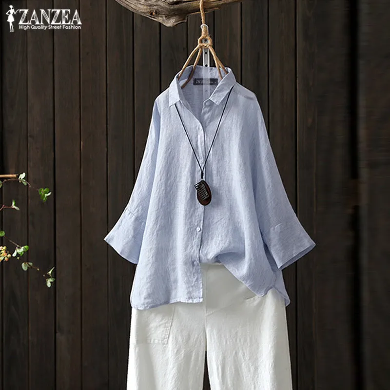 

2019 ZANZEA Casual Lapel Button Down Blusas Fashion 3/4 Sleeve Shirt Women's Blouse Autumn Female Solid Chemise Plus Size Tunic