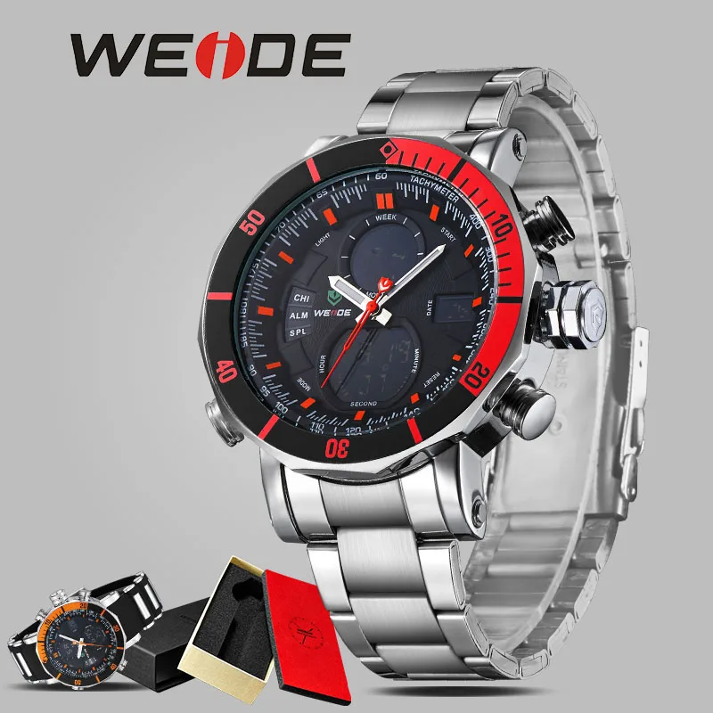 WEIDE luxury men watch contracted quartz watch stainless steel date digital led red round big dial sport water resistant watches WEIDE luxury men watch contracted quartz watch stainless steel date digital led red round big dial sport water resistant watches