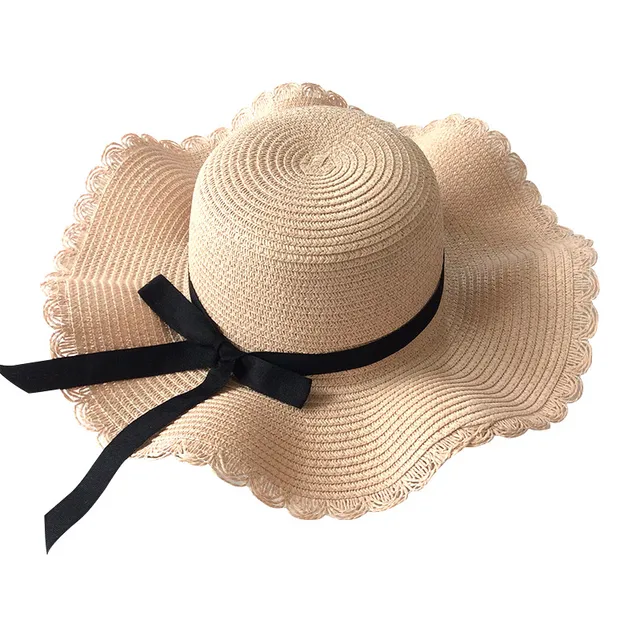 Girls Summer Cap Black Ribbon Decorate Wavy Straw Hat For Girls Children Panama Hat Kids Sun Cap Baby Beach Hats pink