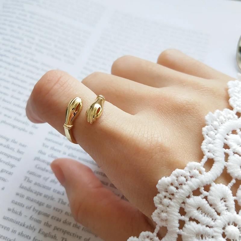 

New Korean Delicate 925 Sterling Silver Enfold Hands Ring Adjustable Gold Antique Silver Ring Female S925 Fashion Luxury Jewelry