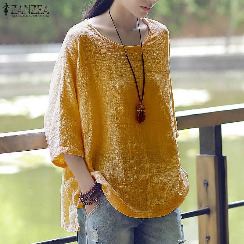 2020 ZANZEA Summer Blouse Women O Neck Short Sleeve Casual Loose Solid Work Shirt Cotton Linen Top Party Baggy Blusas Plus Size 2020 ZANZEA Summer Blouse Women O Neck Short Sleeve Casual Loose Solid Work Shirt Cotton Linen Top Party Baggy Blusas Plus Size