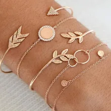 5 Pcs/Set Gold Link Chain Crystal Leaf Arrow Charm Bracelet for Women Knot Moon Cuff Bracelet Bangle Set Girls Braclets 2019 New retro faux crystal leaf cuff bracelet for women