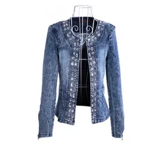 Тонкий Джинсовые куртки верхняя одежда Пальто для будущих мам Классическая горный хрусталь Блёстки Ретро Куртки Для женщин Пальто для будущих мам с Заклёпки
