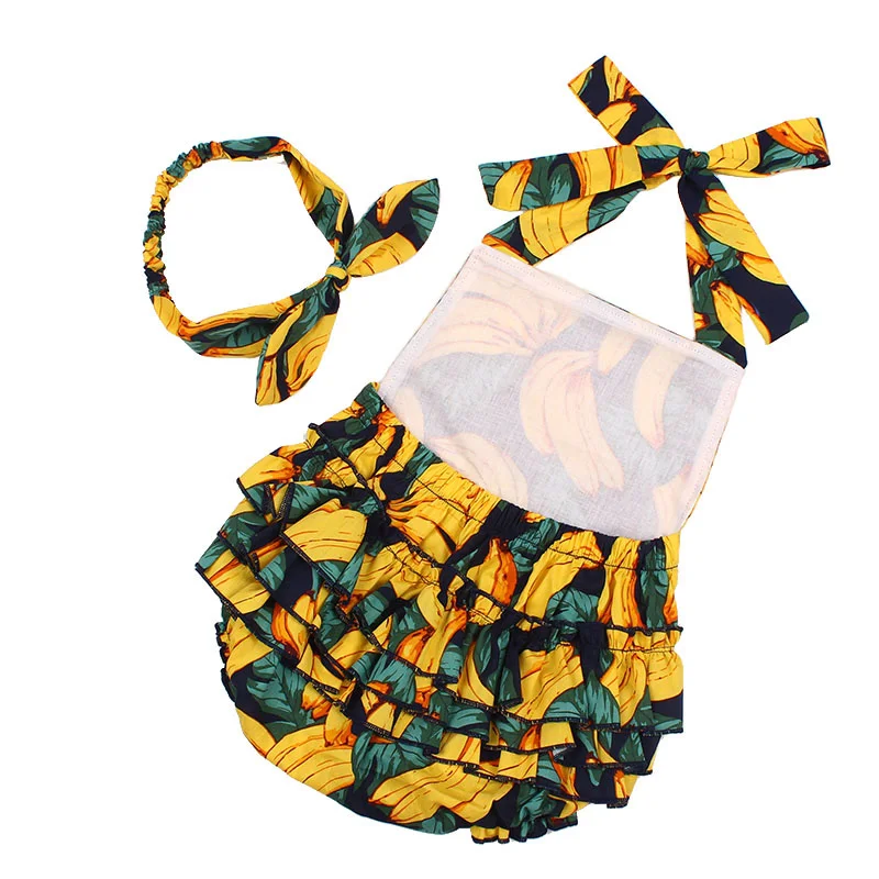 New Summer Baby Girls Banana Ruffles Romper Jumpsuit Clothes Outfits Fashion Sleeveless Cotton Bandage Sunsuit Clothes (3)