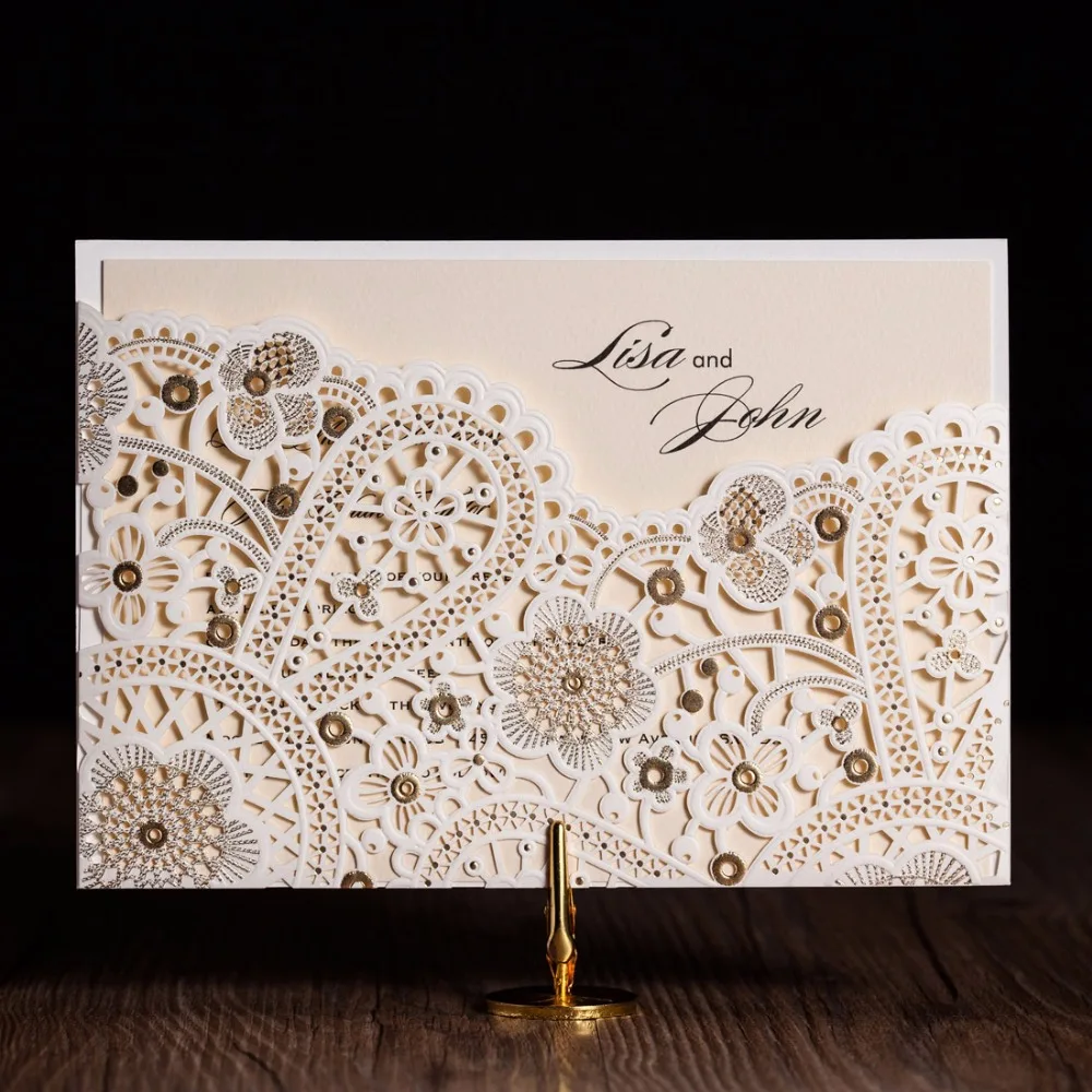 Impress Rustic Wedding Invitations Card Stock Unique Design With Laser Cut Wedding Invitations Cards Kits Customizable Castle Gold Paper Invites Cardstock For Marriage Bridal Shower