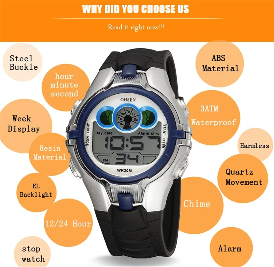 OHSEN Boys Kids Children Quartz Sport Watch Alarm Date Chronograph Watches LED Back Light Waterproof Wristwatch Student Clock (18)