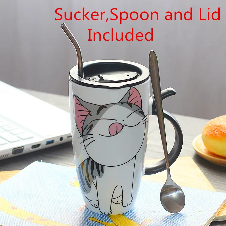

Buy one and get three free Creative Cat Ceramic Mug With Lid and Spoon Sucker Cartoon Milk Coffee Tea Cup Porcelain Mugs Gifts