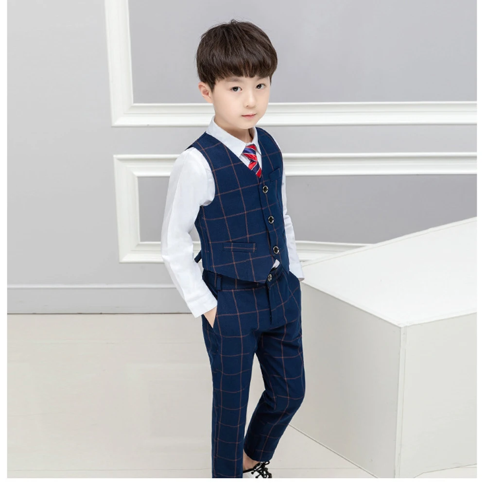 

2-16y Boys Blazer Suits for Weddings Kids Vest+Blouse+Pants+Tie 4 pieces/set Children Cotton Formal Mariage Party Blazer Suit