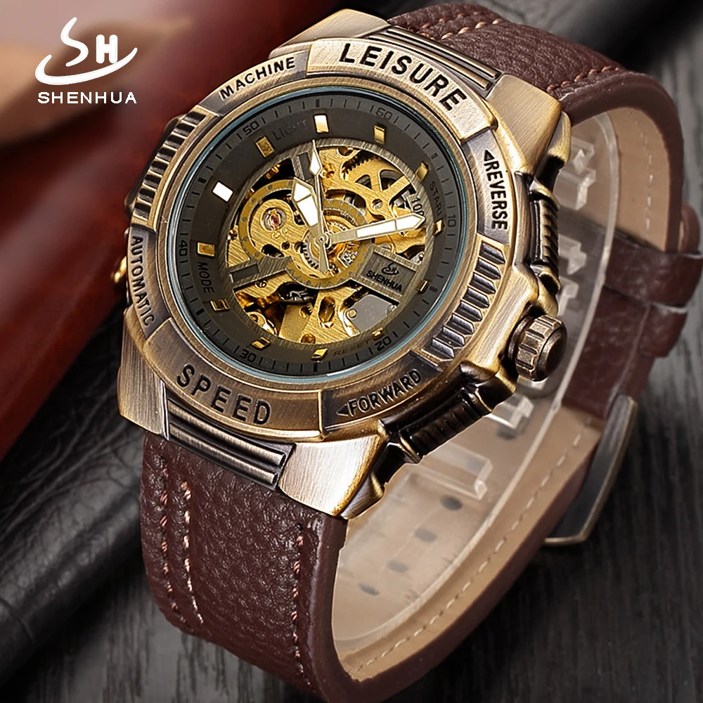 Steampunk من ساعات آلية الرجال التلقائي الذاتي لف الرجال المعصم الرجعية البرونزية الهيكل العظمي شفافة الذكور ووتش ساعة رجل