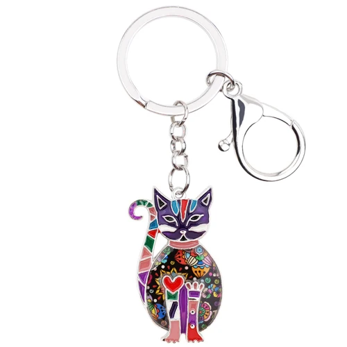 Bonsny эмалированный сплав Цветочный элегантный котенок Кот брелок на цепочке ювелирные изделия для женщин дамы кулон сумка автомобиль талисманы брелок оптом - Цвет: Purple