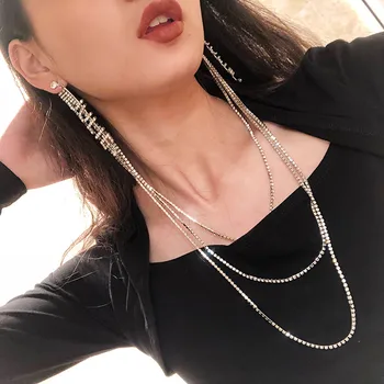 

Full Rhinestone Long Chian Drop Earrings Exaggerated Hiphop Adjustable Three-layers Necklaces for Women Jewelry Set ET1005