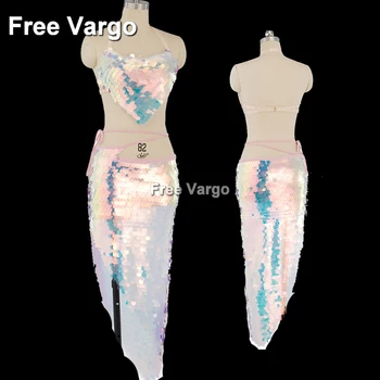 

Holographic Two Pieces Suits Women Mermaid Sequins Stage Nightclub EDM Electronic music festival Dj Singer Dance Wear Costume