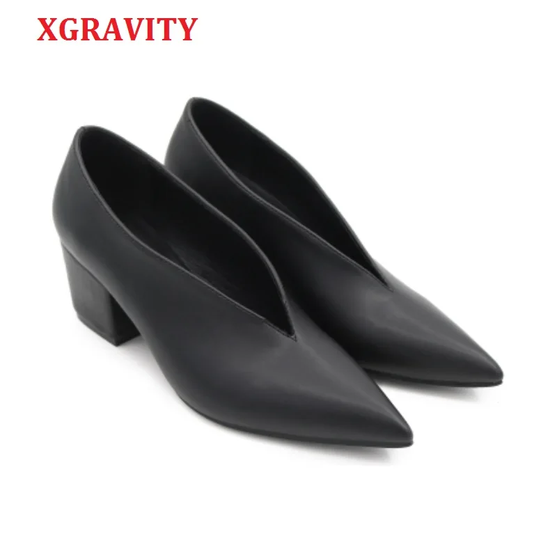 Online XGRAVITY primavera otoño americano europeo sexy puntera Zapatos de vestir profundo V diseño mujer calzado grueso señora cuñas zapatos caliente