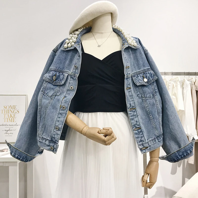 Light Blue Джинсовая куртка для девочек с жемчугом и Бисер дизайн Для женщин Демисезонный с длинными рукавами джинсы с карманами куртки Для женщин свободного покроя Верхняя одежда для женщин - Цвет: Light Blue