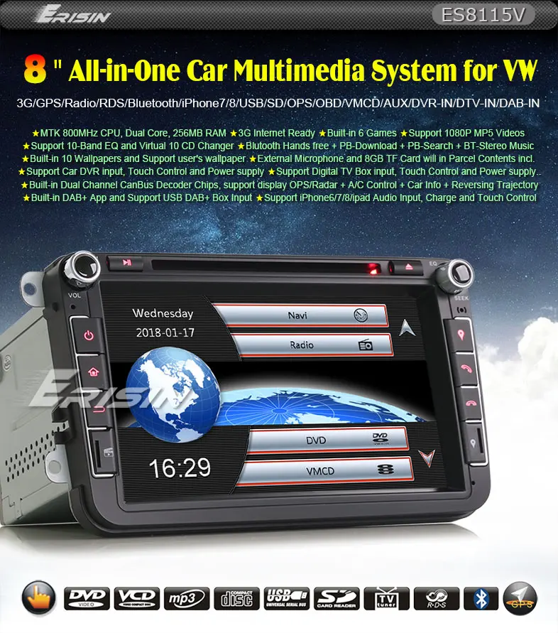 Best 7" Win8 Autoradio Car GPS Navigation 3G DVD DAB+ System for VW Jetta Golf EOS Seat ES8115V 0