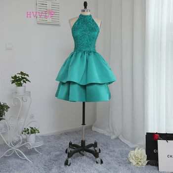 

HVVLF Green 2019 Homecoming Dresses A-line High Collar Knee Length Tiered Beaded Lace Cocktail Dresses