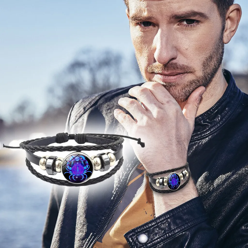 

12 Constellation Star Personality Team Name Rope Bracelet Black Leather Sign Bracelet Men Women Braided Leather Bracelets