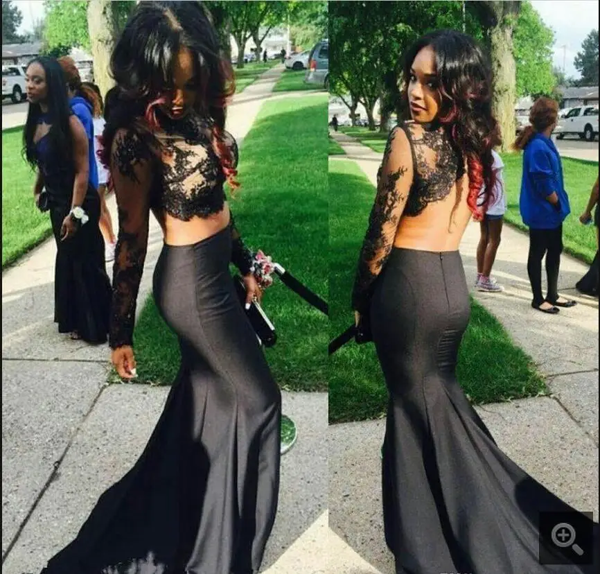 

Sexy Two Piece Prom Dress Black lace Satin Long Sleeve Mermaid prom gowns black girls open back sexy elegant prom dresses