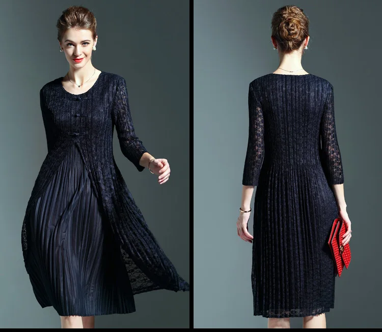 Vintage Elegant Lace Patchwork O Neck Knee-length Dress