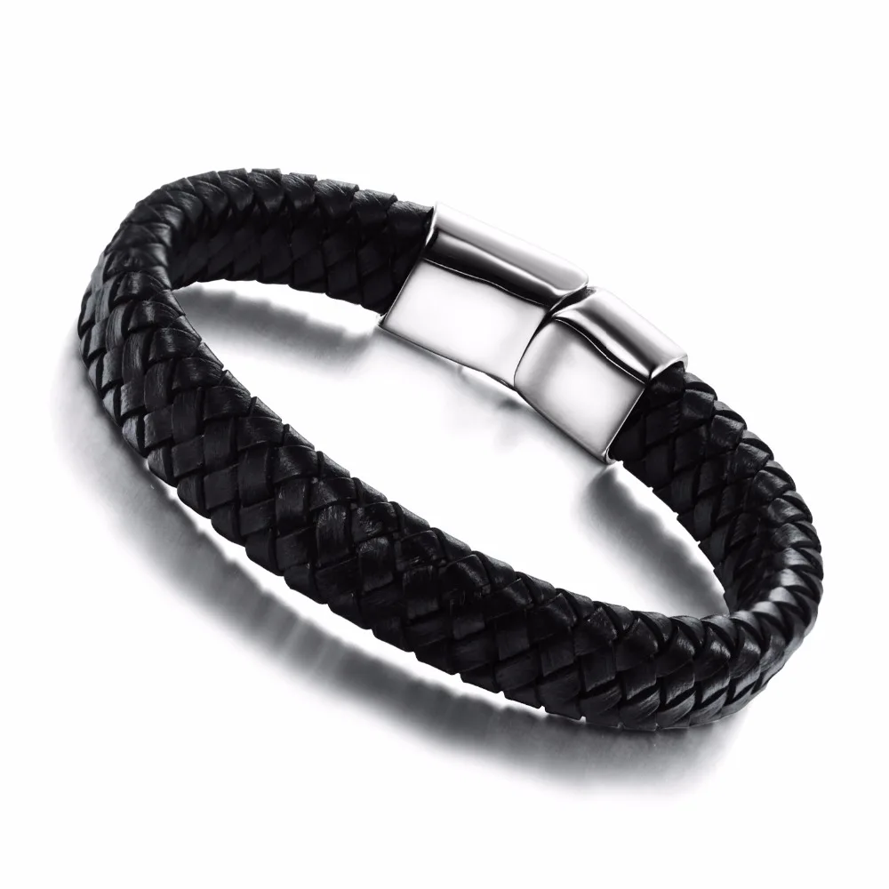 Wholesale (5pcs/lot) Men Bracelet Black Leather Woven Bracelet Stainless Steel Buckle