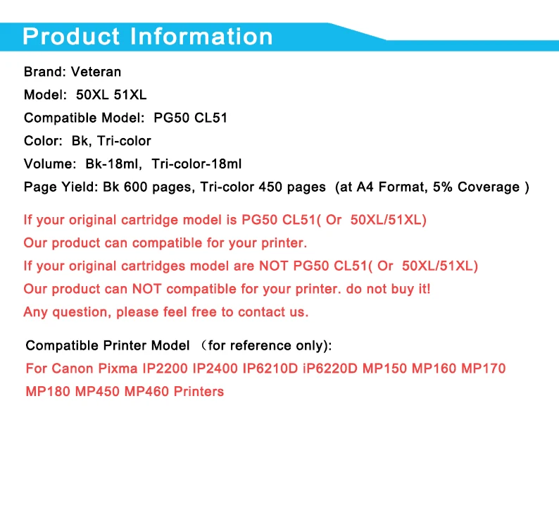 Чернильные картриджи Veteran 50XL 51XL PG50 CL51 для Canon Pixma iP2200 iP6210D iP6220D MP150 MP160 MP170 MP180 MP450