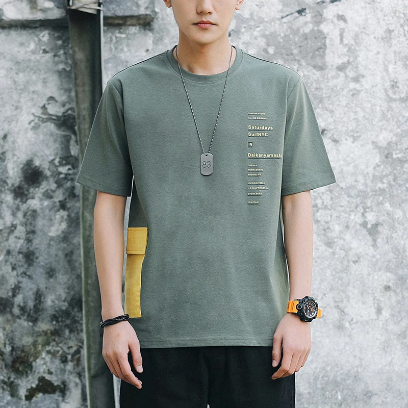 

Safari Style Male T-Shirt Pocket Printing Men's T-Shirts Large Sizes O-Neck Black Green Man's Short-Sleeved T-Shirt