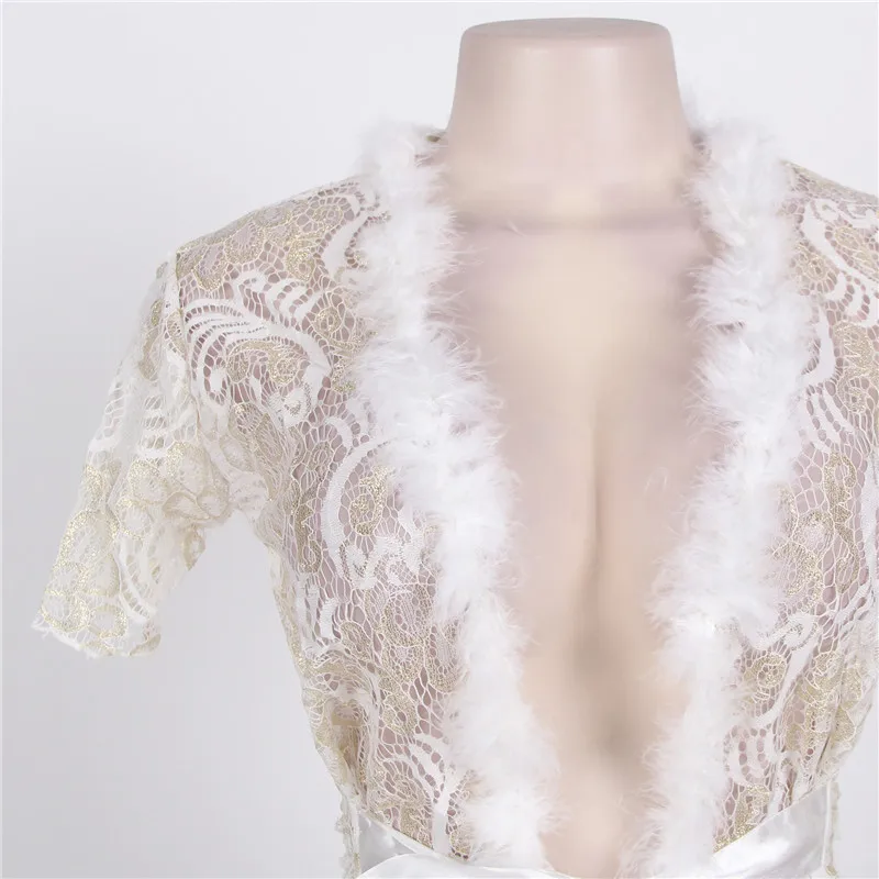Comeonlover прозрачный халат с короткими рукавами Макси сексуальное неглиже размера плюс украшенное перьями кружевное белье RL80068