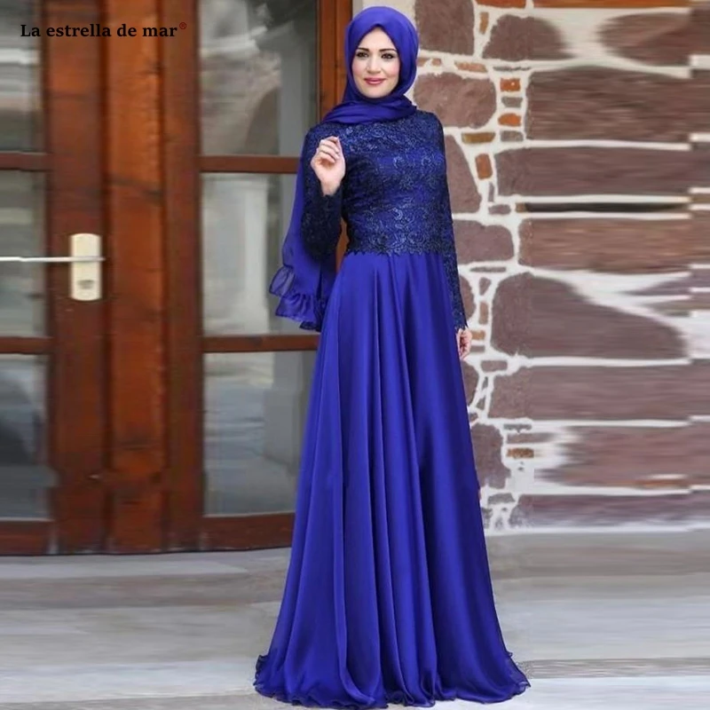 Элегантный Высокий воротник кружева Длинные рукава линия Королевский синий мусульмане арабы вечернее платье Длинные abiye gece elbisesi простой