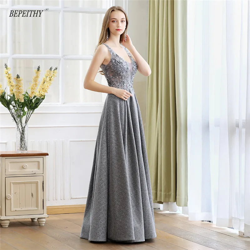 

BEPEITHY 2019 New Arrival Lace Top Long Evening Dress Party Elegant Sexy Open Back Sliver Prom Dresses Robe De Soiree