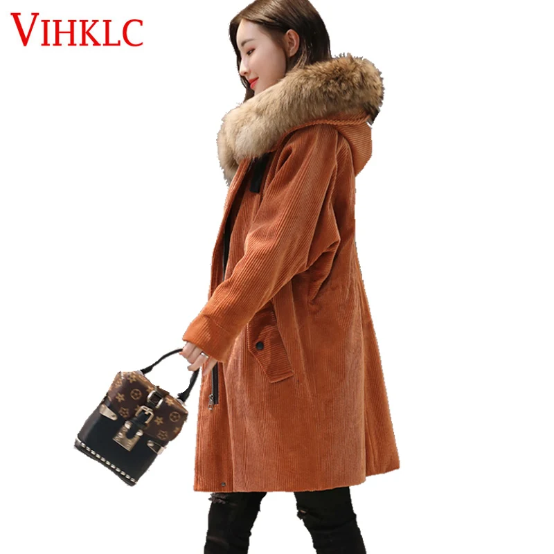 

Large Raccoon Fur Collar Parka Winter Jacket Women 2017 New Korean Fashion Corduroy Outwear Thick Warm Hooded Coat H659