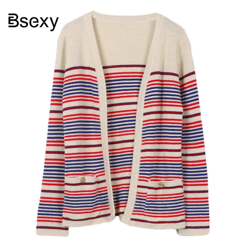 2019 Women's Sweater Cardigan Runway Designer Vneck Striped Open Stitch knitted sweater Spring Female Caridgan Kawaii Streetwear |