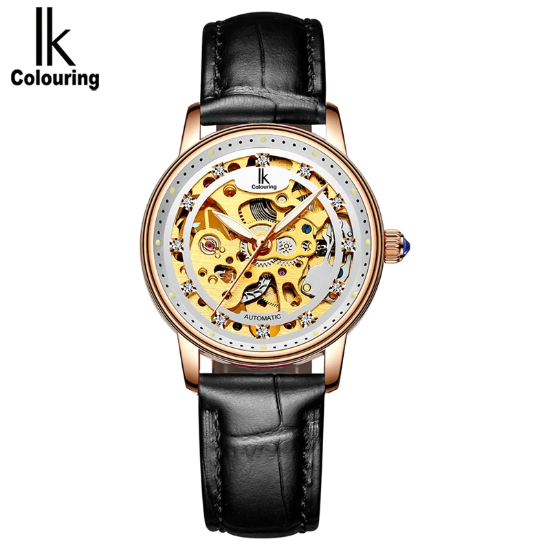 

IK colouring Women Automatic Self-Wind Mechanical Watches Fashion Casual Ladies Genuine Leather Steel Strap Skeleton Watch 4498
