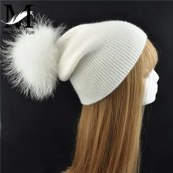 

Women Raccoon Fur Pom Pom Hat Spring Warm Knitted Casual High Quality Vogue Hats Ladies Wool Knitted Beanie Hat