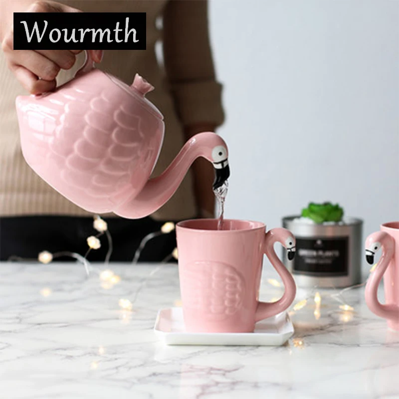 Wourmth 3D Animal Flamingos Bird Teapots 1 teapot 1 cup Pink Coffee cup Ceramic Tea Pot Flower