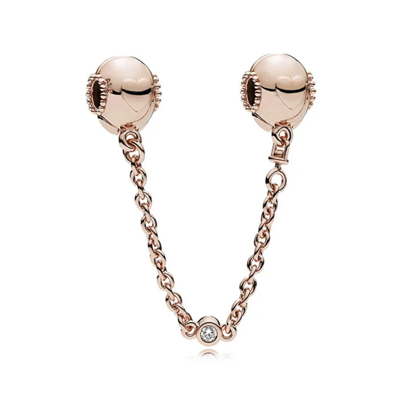 

NEW 100% 925 Sterling Silver Embossed Hearts Safety Chain Rose& Clear CZ Safety Chai Security DIY Original Fashion Gift
