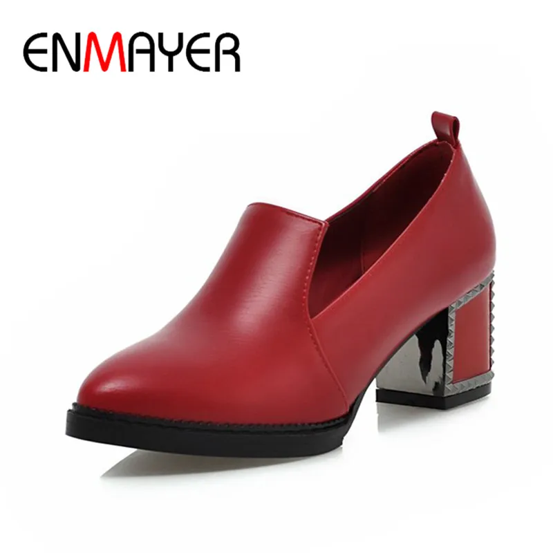 

ENMAYER PU Material Slip on Pumps Shoes Woman Med Heels Pointed Toe Solid Large Size34-47 Casual Shallow Shoes Free Shipping