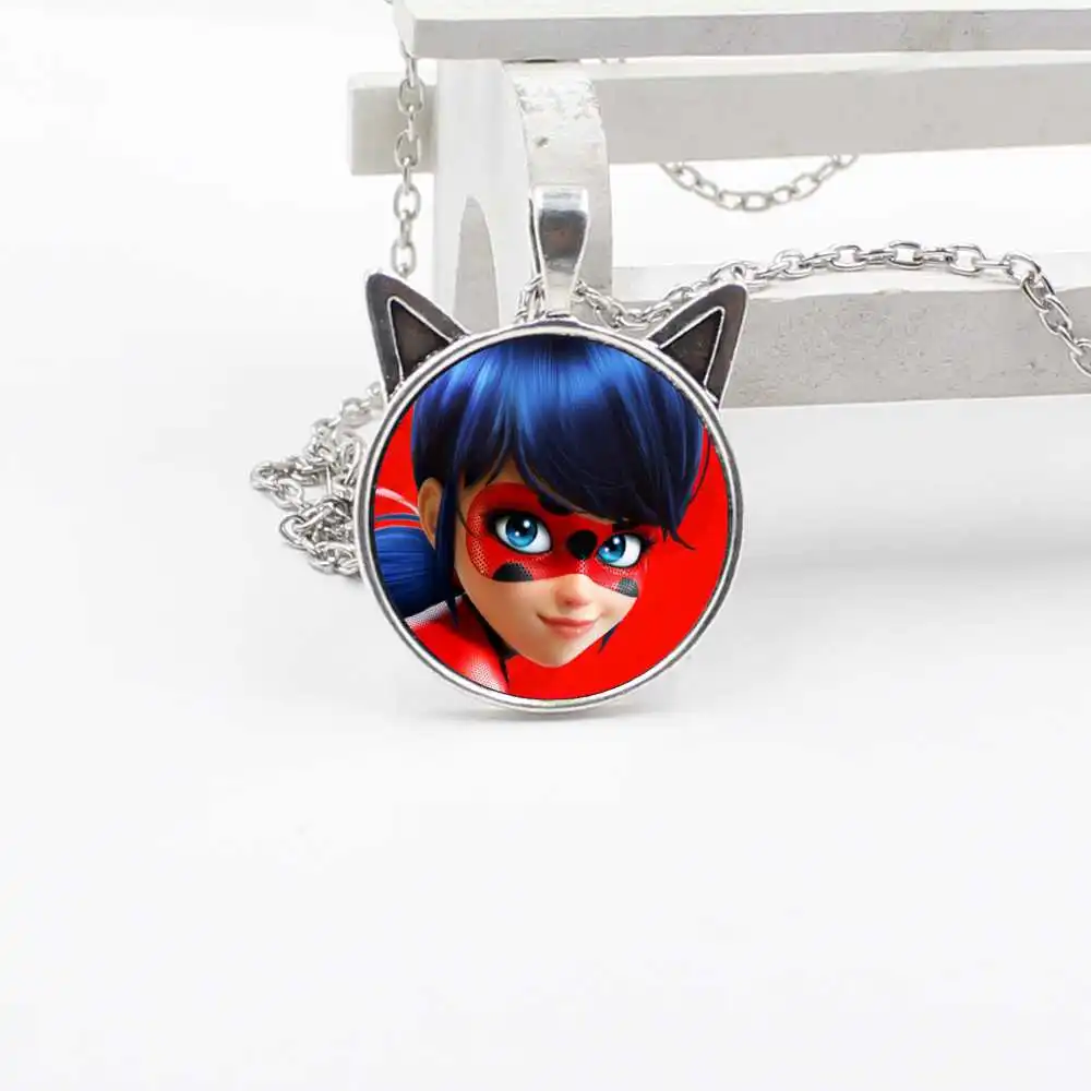 

New Miracle Ladybug Pendant Cat Ear Glass Dome Jewelry Silver Black Bronze Cartoon Child Gift Jewelry Necklace