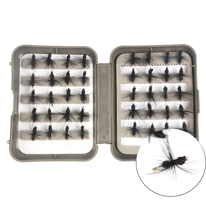 40 шт. черный муравей муха приманка на рыболовный крючок набор наживки насекомое бионический крючок Скад муха червь для ловли форели Спиннер сухая муха приманка коробка - Цвет: BLACK