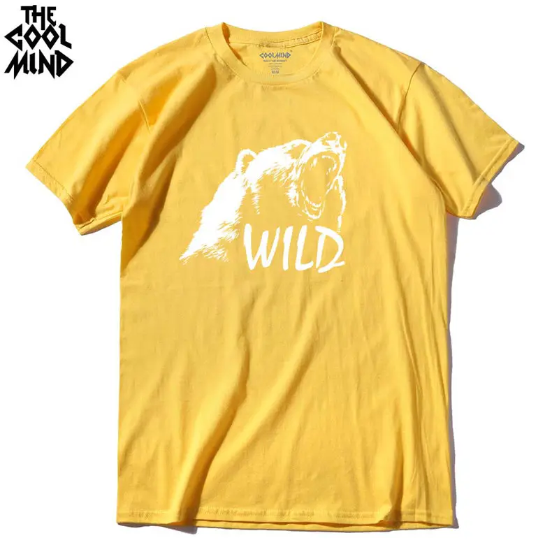 COOLMIND BE0114A Хлопковая мужская футболка с принтом медведя, повседневная мужская футболка с короткими рукавами, Повседневная летняя футболка с круглым вырезом - Цвет: YEW