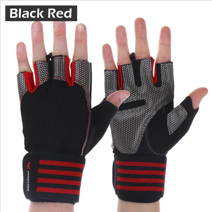 Мужские и женские гантели, перчатки для тяжелой атлетики, для тренажерного зала, на полпальца, для фитнеса, на запястье, спортивные перчатки, без пальцев, велосипедные перчатки, защищают запястье - Цвет: Красный
