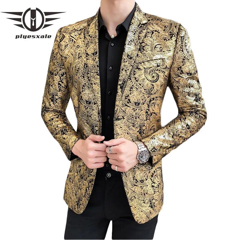 Plyesxale золото пиджак блейзер для мальчика Для мужчин 2019 Slim Fit Цветочный принт