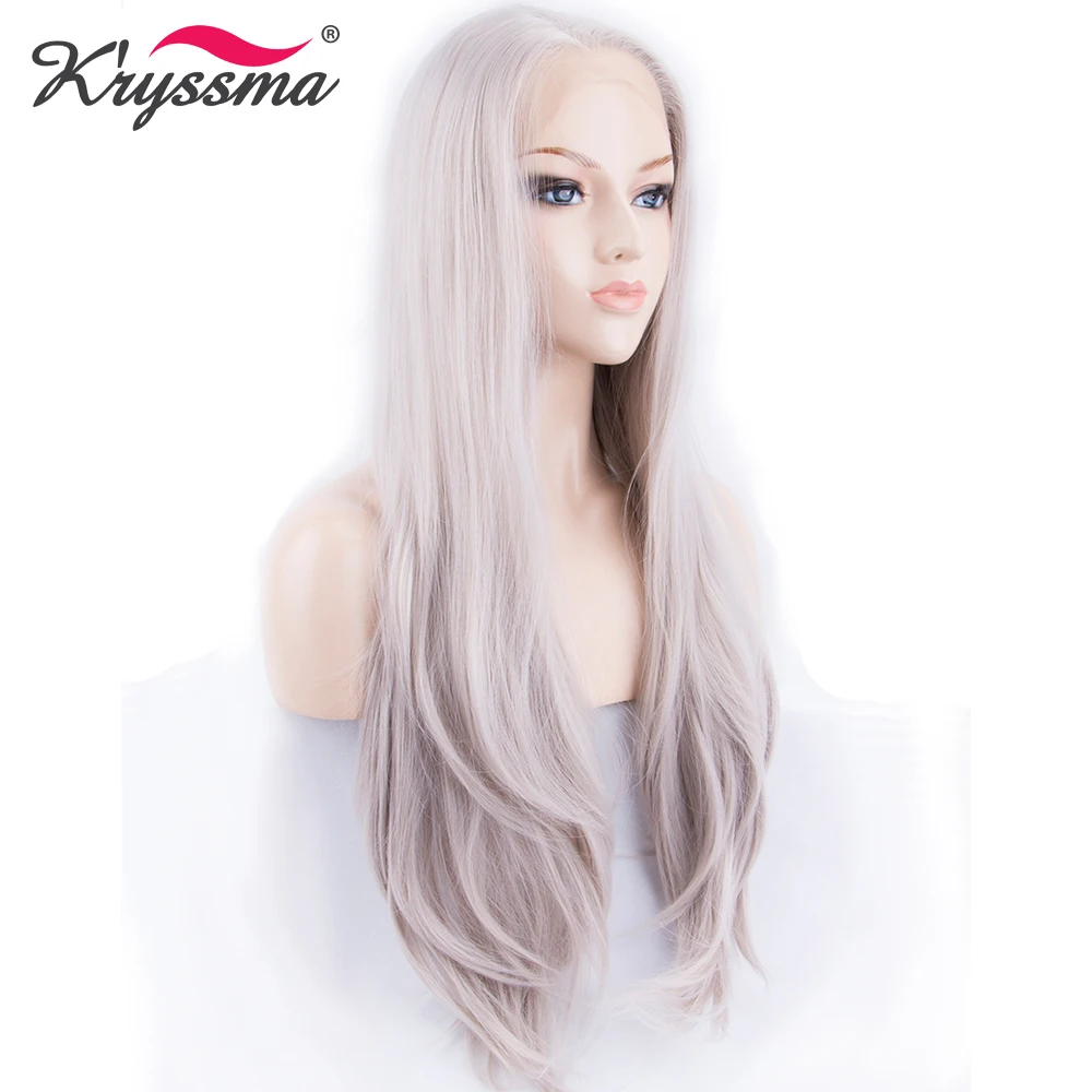 

Ash Blonde Mixed Synthetic lace Front Wigs for Women Glueless Natural Straight Grey Wig Young Lady Half Hand Tied Fake Hair Cool