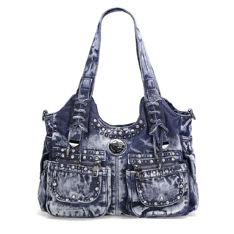 Casual Zipper Design Denim Rivet Diamond Pocket Vintage Women Tote Lady ...