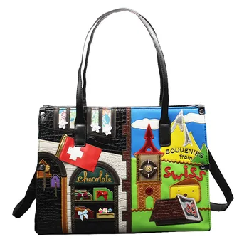 

37x28CM 2017 Autumn And Winter New Fashion Shoulder Bag Stitching Church Pattern Snake texture Stitching PU material A4700