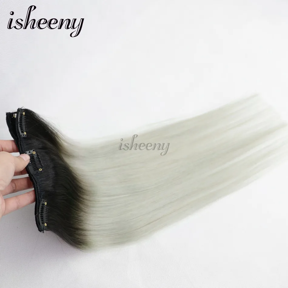 Isheeny Remy Клип В пряди человеческих волос для наращивания 8 шт./компл. Ombre Цвет 1B/Серебро 150 г клип полная голова
