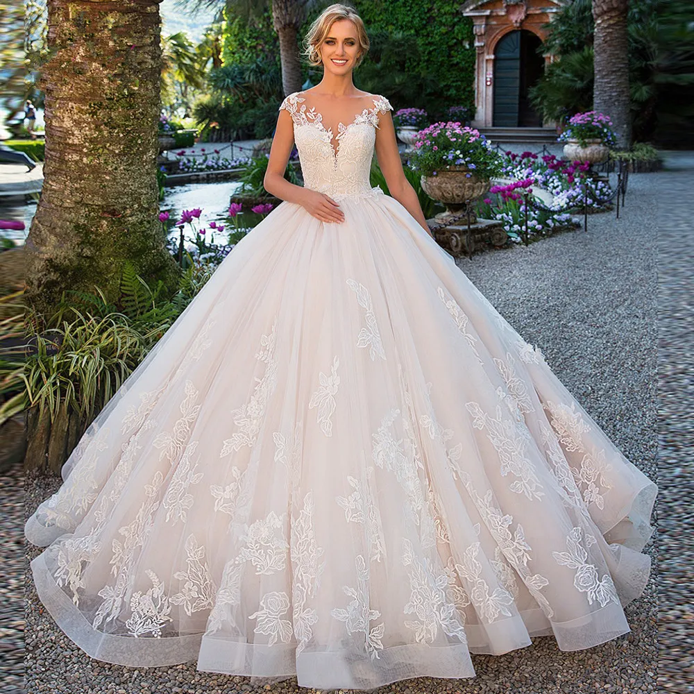 

2019 Married Wedding Dress Ball Gown Lace Appliques Cap Sleeves Backless wedding gown bridal dres wedding gowns Vestido De Noiva