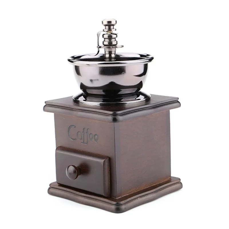 

Vintage Italian Coffee Maker Manual Coffee Grinder Golden tone Cast Iron Burr Core Wood case Grater Kitchen Accessories AA