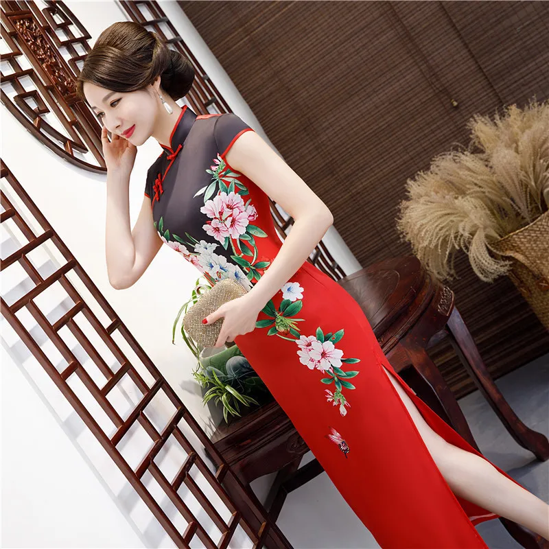 Las chino tradicional ropa Qi Pao estilo Восточное сходство vestidos de seda de tamamino mаs largo Qipao de Cheongsam vestido